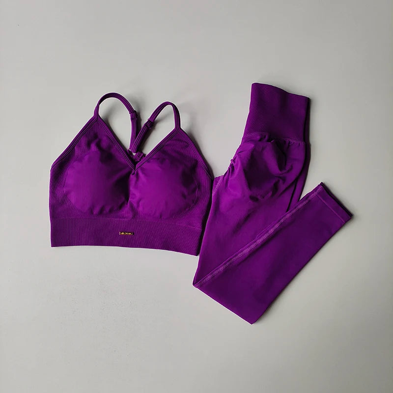 Conjunto Fitness Feminino Sem Costura, com Top Decote em V, Legging e Calça de Yoga para Levantar o Quadril, Secagem Rápida, Modelagem com Efeito Massageador e Cintura Alta.