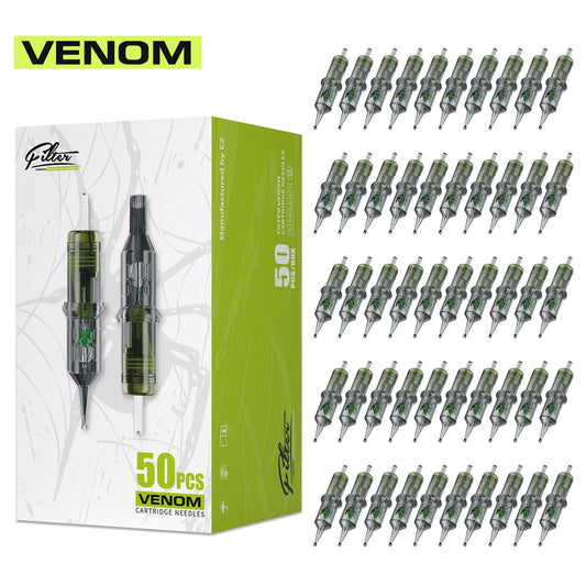 Cartucho de Agulhas Descartáveis EZ Filter Venom para Tatuagem, 20/50 Unidades, Membrana RL/RS/RM/M1, Esterilizadas Profissionalmente para Segurança em Máquinas de Tatuagem.