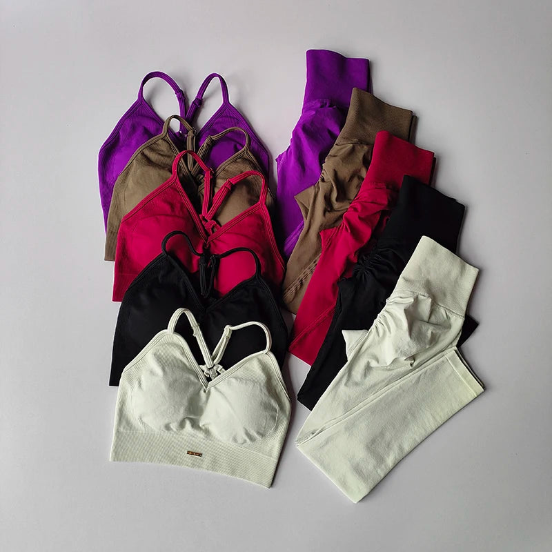 Conjunto Fitness Feminino Sem Costura, com Top Decote em V, Legging e Calça de Yoga para Levantar o Quadril, Secagem Rápida, Modelagem com Efeito Massageador e Cintura Alta.