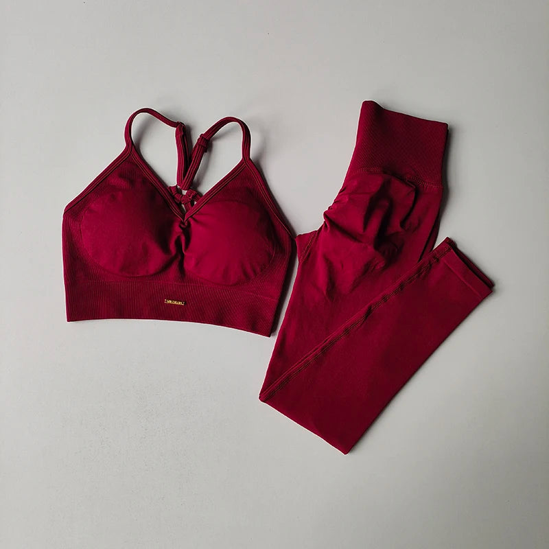 Conjunto Fitness Feminino Sem Costura, com Top Decote em V, Legging e Calça de Yoga para Levantar o Quadril, Secagem Rápida, Modelagem com Efeito Massageador e Cintura Alta.