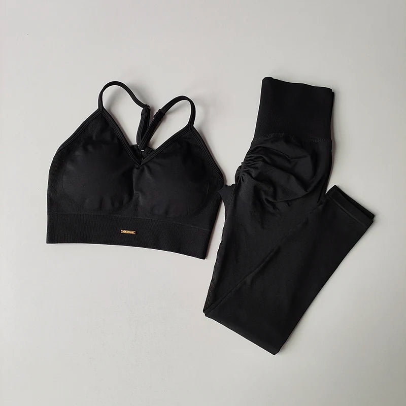 Conjunto Fitness Feminino Sem Costura, com Top Decote em V, Legging e Calça de Yoga para Levantar o Quadril, Secagem Rápida, Modelagem com Efeito Massageador e Cintura Alta.