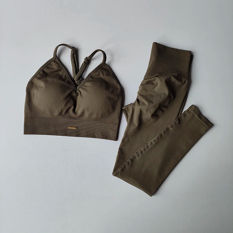 Conjunto Fitness Feminino Sem Costura, com Top Decote em V, Legging e Calça de Yoga para Levantar o Quadril, Secagem Rápida, Modelagem com Efeito Massageador e Cintura Alta.